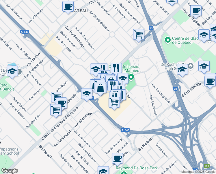 map of restaurants, bars, coffee shops, grocery stores, and more near 965 Avenue de Bourgogne in Québec