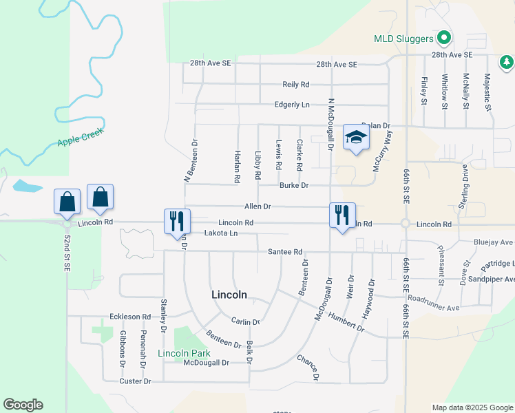 map of restaurants, bars, coffee shops, grocery stores, and more near Allen Drive in Lincoln