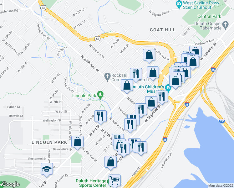 map of restaurants, bars, coffee shops, grocery stores, and more near 2410-1/2 West 4th Street in Duluth