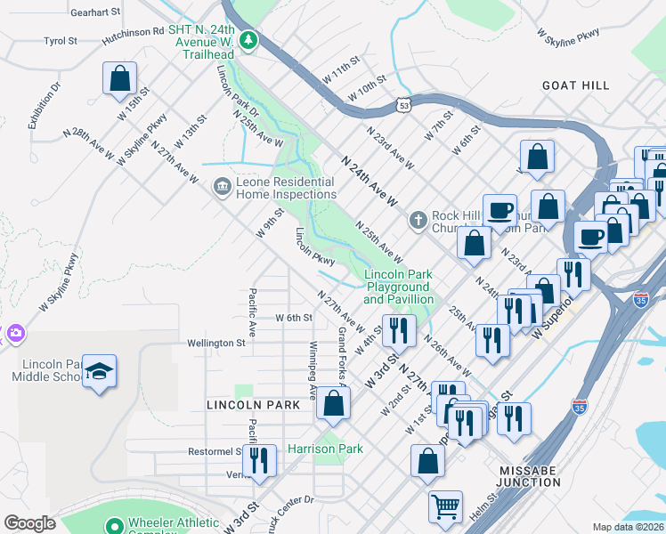map of restaurants, bars, coffee shops, grocery stores, and more near 601 Lincoln Parkway in Duluth