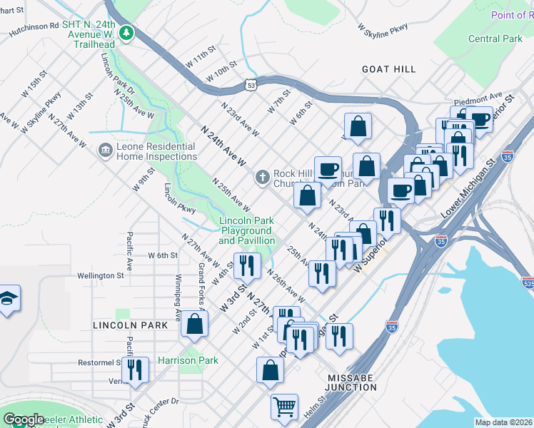 map of restaurants, bars, coffee shops, grocery stores, and more near 2407 West 4th Street in Duluth