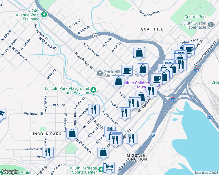 map of restaurants, bars, coffee shops, grocery stores, and more near 2407 West 4th Street in Duluth