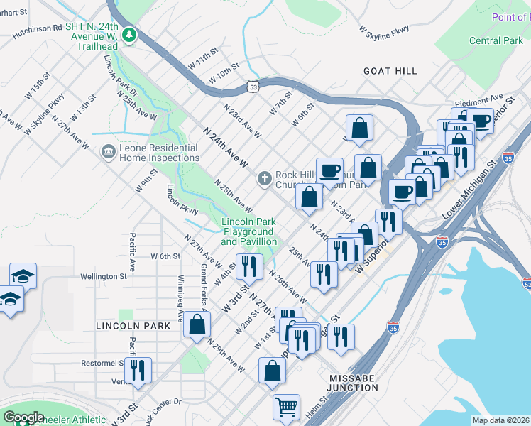 map of restaurants, bars, coffee shops, grocery stores, and more near 2427 West 4th Street in Duluth