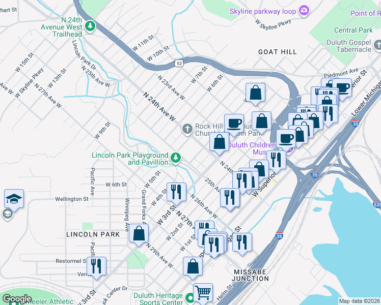 map of restaurants, bars, coffee shops, grocery stores, and more near 2427 West 4th Street in Duluth