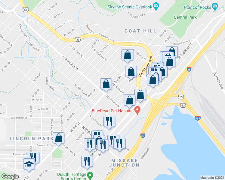 map of restaurants, bars, coffee shops, grocery stores, and more near in Duluth
