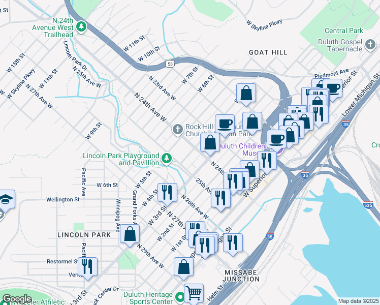 map of restaurants, bars, coffee shops, grocery stores, and more near 2407 West 4th Street in Duluth