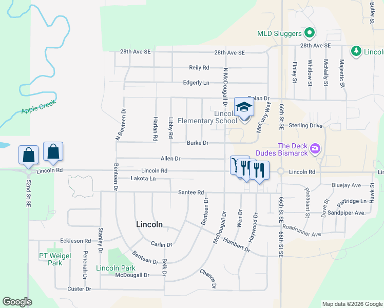 map of restaurants, bars, coffee shops, grocery stores, and more near Burke Drive in Lincoln
