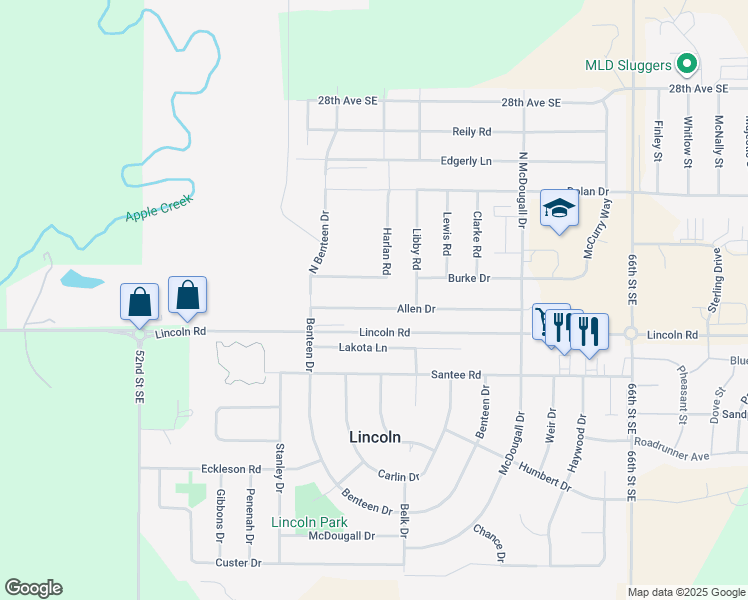 map of restaurants, bars, coffee shops, grocery stores, and more near Allen Drive in Lincoln