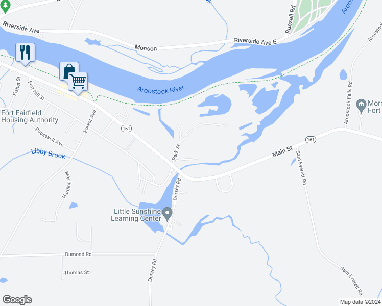 map of restaurants, bars, coffee shops, grocery stores, and more near 19 Lincoln Street in Fort Fairfield