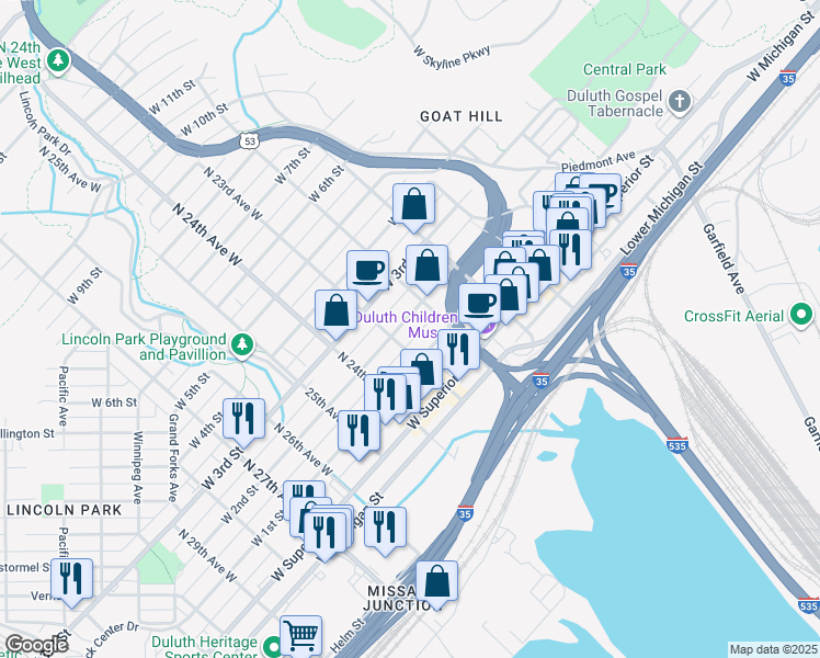 map of restaurants, bars, coffee shops, grocery stores, and more near 2215 West 2nd Street in Duluth