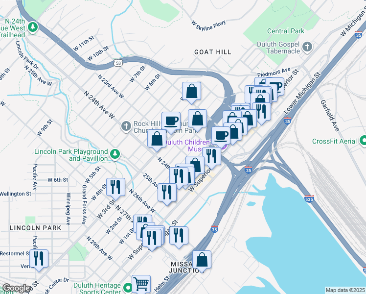 map of restaurants, bars, coffee shops, grocery stores, and more near 2215 West 2nd Street in Duluth