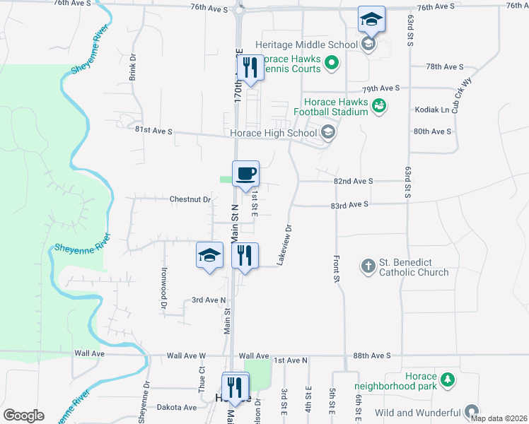 map of restaurants, bars, coffee shops, grocery stores, and more near 510 1st Street East in Horace