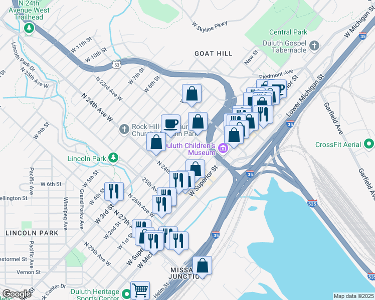 map of restaurants, bars, coffee shops, grocery stores, and more near 2222 West 2nd Street in Duluth