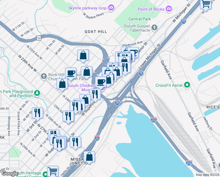 map of restaurants, bars, coffee shops, grocery stores, and more near 2032 West Superior Street in Duluth