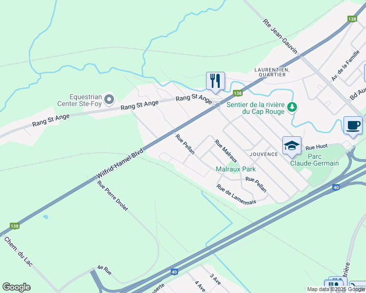 map of restaurants, bars, coffee shops, grocery stores, and more near 94 Rue Pellan in Québec