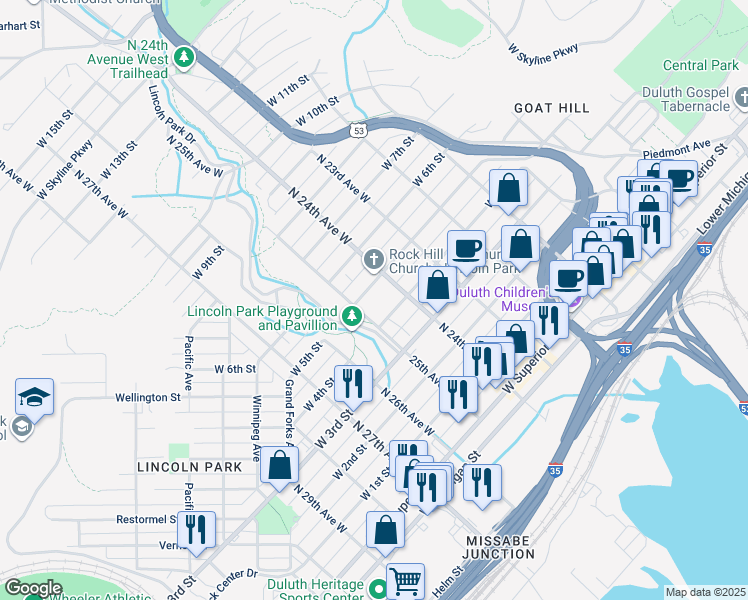 map of restaurants, bars, coffee shops, grocery stores, and more near 2427 West 4th Street in Duluth