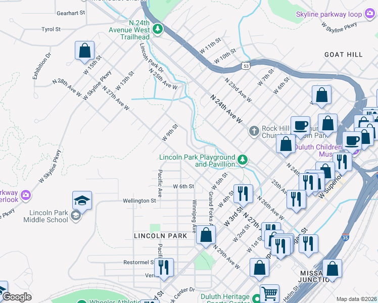 map of restaurants, bars, coffee shops, grocery stores, and more near 711 Lincoln Parkway in Duluth