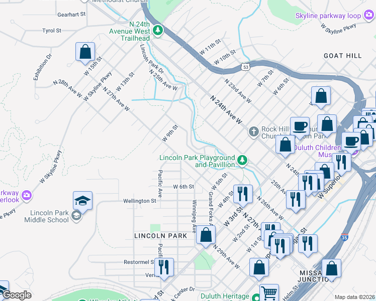 map of restaurants, bars, coffee shops, grocery stores, and more near 711 Lincoln Parkway in Duluth
