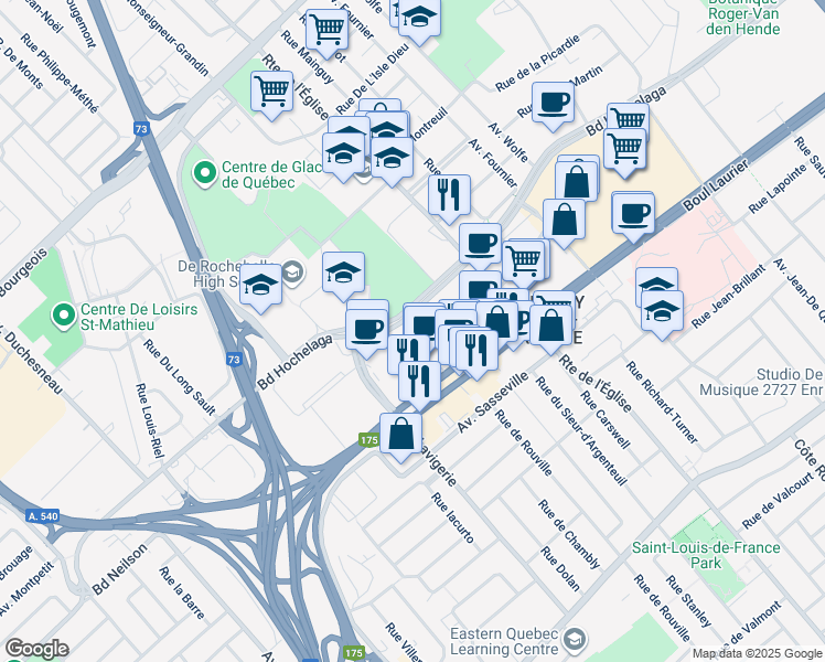 map of restaurants, bars, coffee shops, grocery stores, and more near 2956 Boulevard Hochelaga in Québec