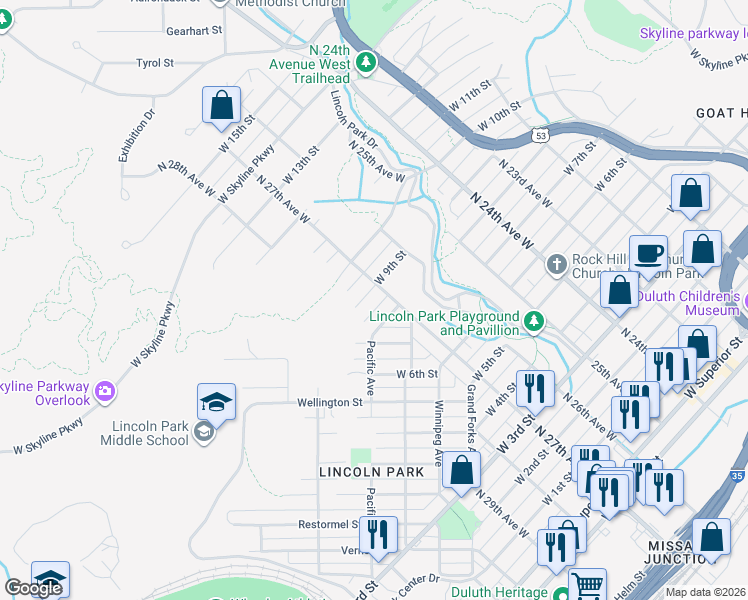 map of restaurants, bars, coffee shops, grocery stores, and more near 2709 West 9th Street in Duluth