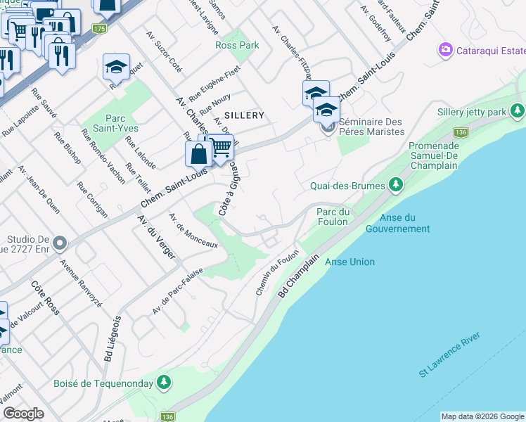 map of restaurants, bars, coffee shops, grocery stores, and more near 1780 Côte à Gignac in Québec