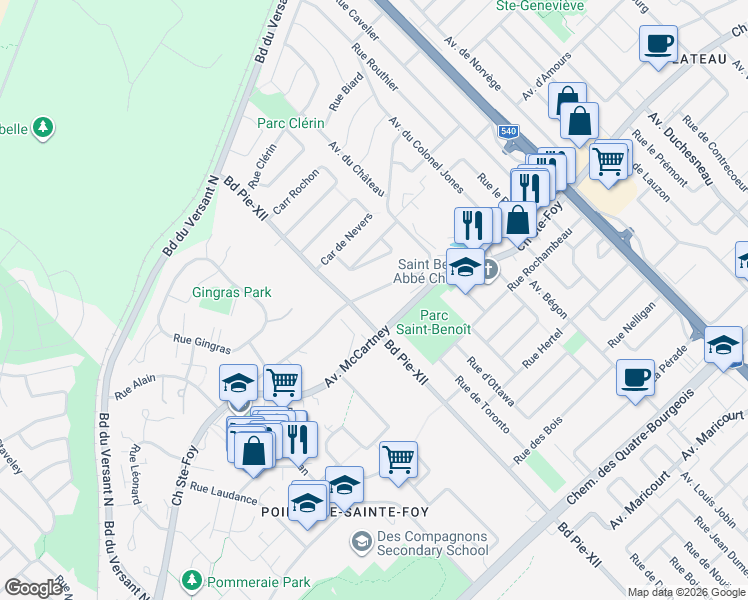 map of restaurants, bars, coffee shops, grocery stores, and more near 3499 Chemin Sainte-Foy in Québec