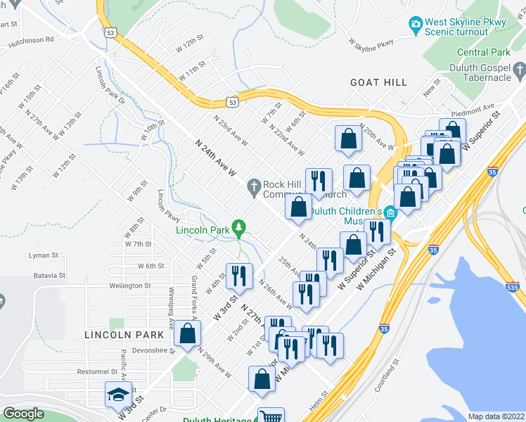 map of restaurants, bars, coffee shops, grocery stores, and more near 2407 West 4th Street in Duluth