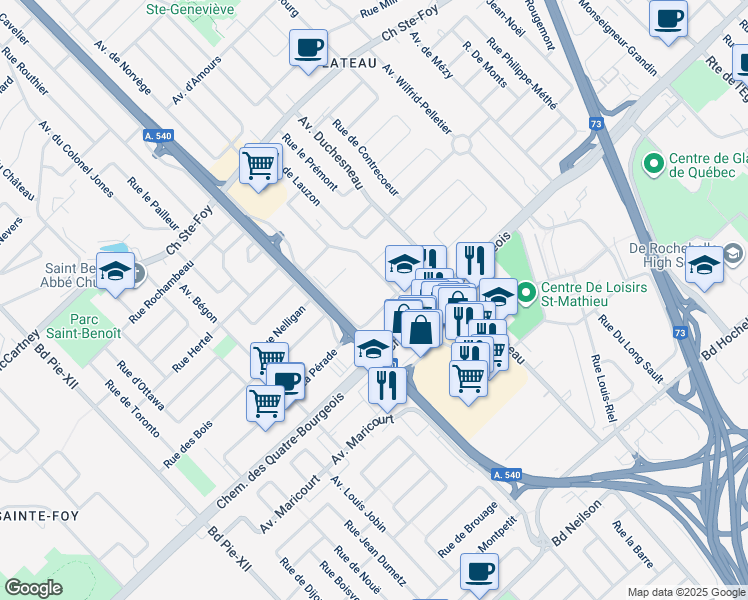map of restaurants, bars, coffee shops, grocery stores, and more near 3300 Rue de la Monnerie in Québec