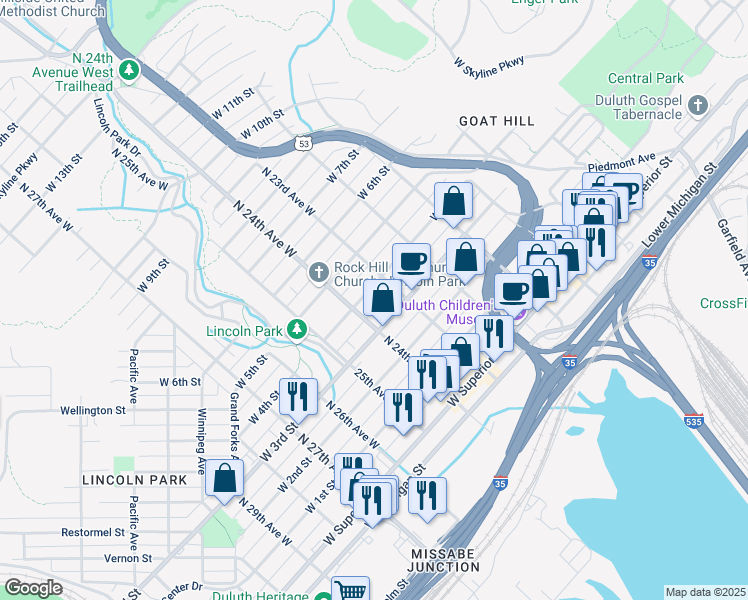map of restaurants, bars, coffee shops, grocery stores, and more near 2318 West 4th Street in Duluth