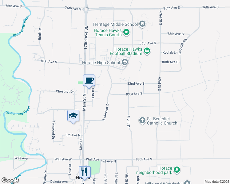 map of restaurants, bars, coffee shops, grocery stores, and more near 510 1st Street North in Horace