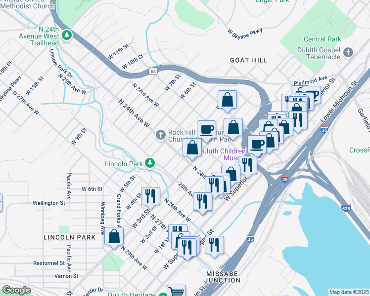 map of restaurants, bars, coffee shops, grocery stores, and more near 2320 West 4th Street in Duluth