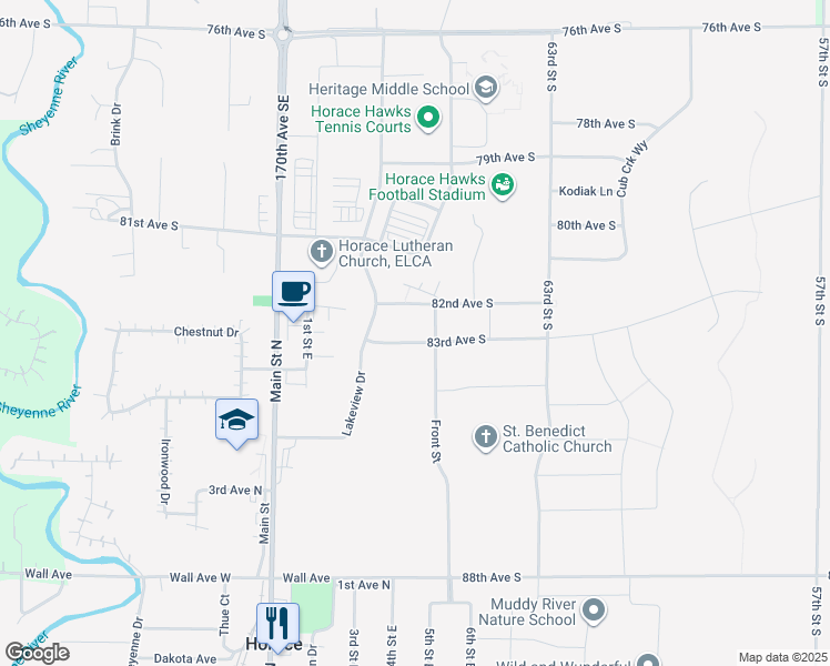map of restaurants, bars, coffee shops, grocery stores, and more near in Horace
