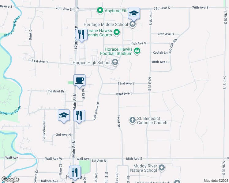 map of restaurants, bars, coffee shops, grocery stores, and more near in Horace
