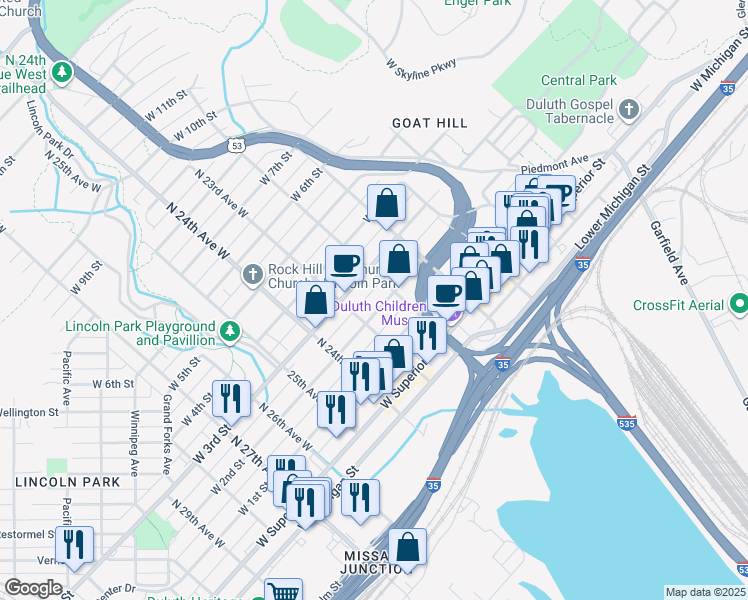 map of restaurants, bars, coffee shops, grocery stores, and more near 2215 West 2nd Street in Duluth