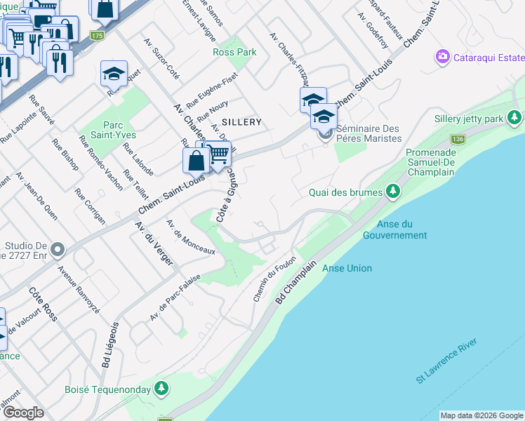 map of restaurants, bars, coffee shops, grocery stores, and more near 1793-1797 Avenue de Kilmarnock in Ville de Québec