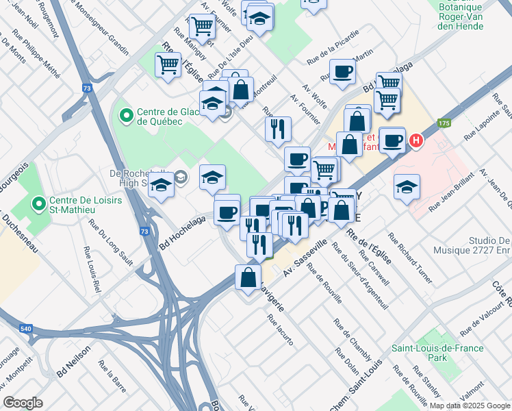 map of restaurants, bars, coffee shops, grocery stores, and more near 2956 Boulevard Hochelaga in Québec