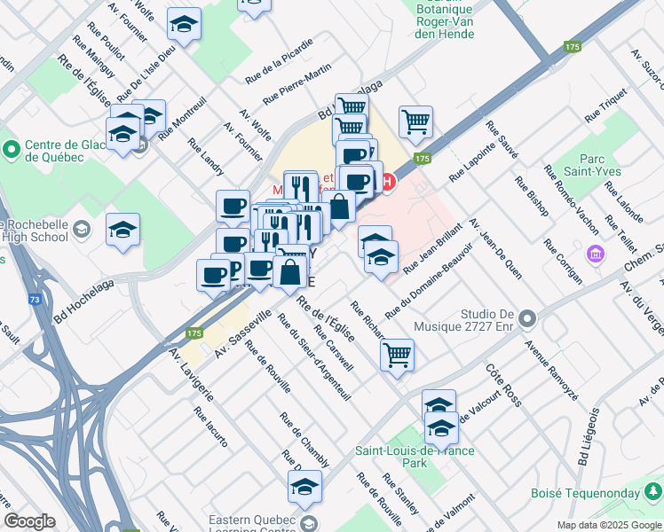 map of restaurants, bars, coffee shops, grocery stores, and more near 2791 Avenue Sasseville in Ville de Québec