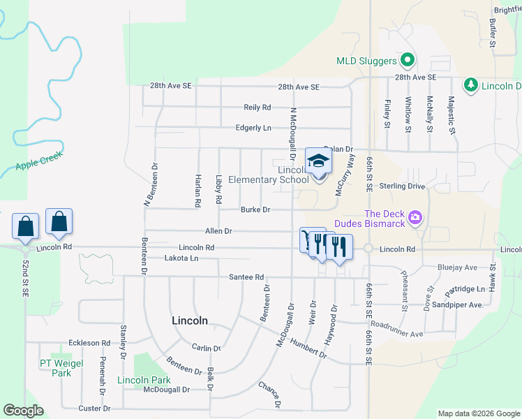 map of restaurants, bars, coffee shops, grocery stores, and more near Burke Drive in Lincoln