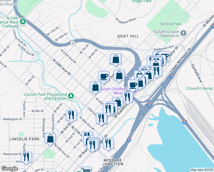 map of restaurants, bars, coffee shops, grocery stores, and more near in Duluth