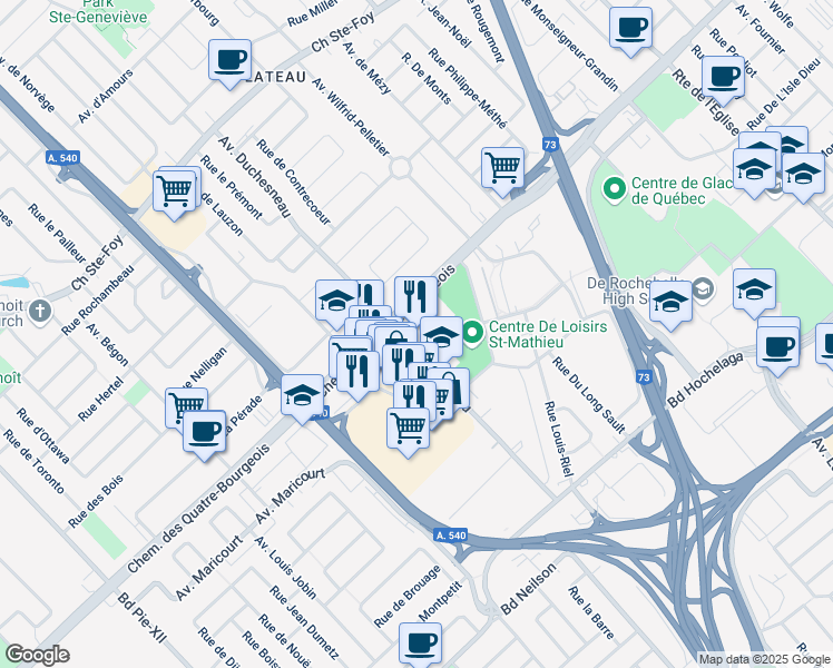 map of restaurants, bars, coffee shops, grocery stores, and more near 3175 Chemin des Quatre Bourgeois in Ville de Québec