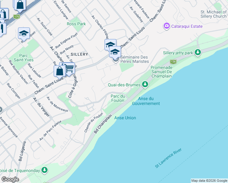 map of restaurants, bars, coffee shops, grocery stores, and more near 2376 Chemin du Foulon in Québec City