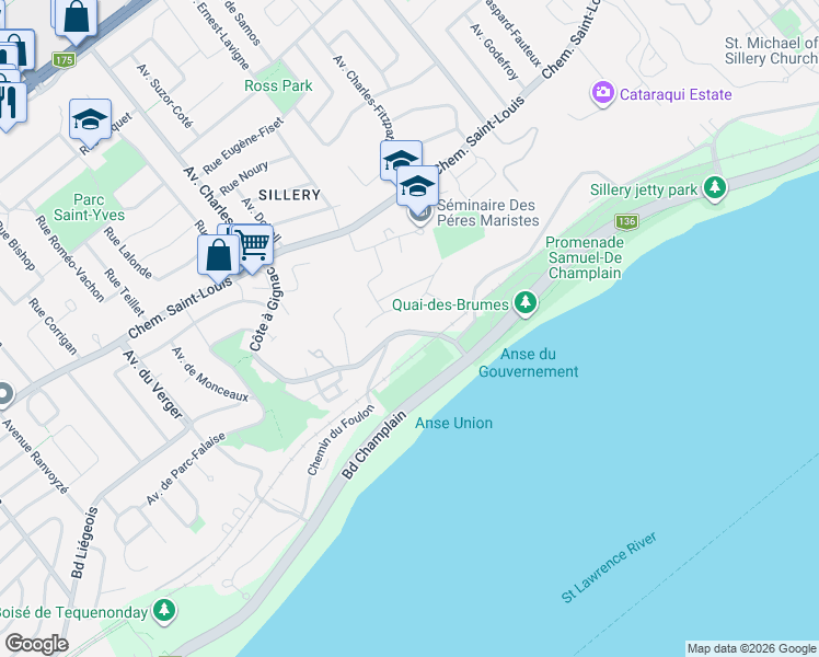 map of restaurants, bars, coffee shops, grocery stores, and more near 2376 Chemin du Foulon in Québec City