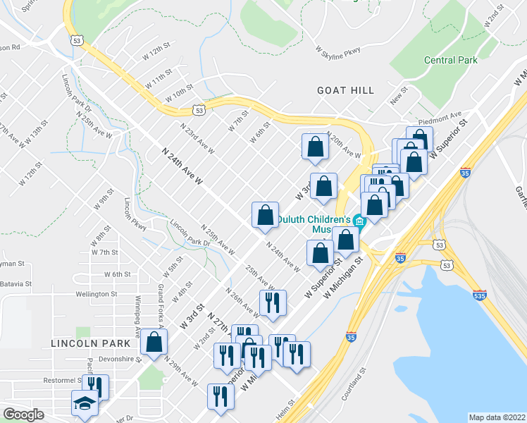 map of restaurants, bars, coffee shops, grocery stores, and more near 2310 West 4th Street in Duluth