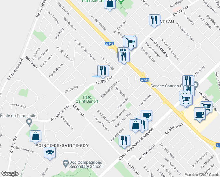 map of restaurants, bars, coffee shops, grocery stores, and more near Rue de Maur in Ville de Québec