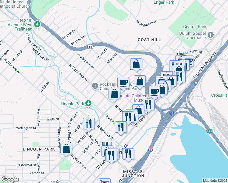 map of restaurants, bars, coffee shops, grocery stores, and more near 2320 West 4th Street in Duluth
