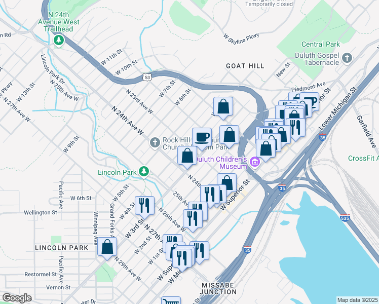 map of restaurants, bars, coffee shops, grocery stores, and more near 2320 West 4th Street in Duluth