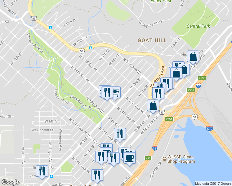 map of restaurants, bars, coffee shops, grocery stores, and more near 2318 West 4th Street in Duluth