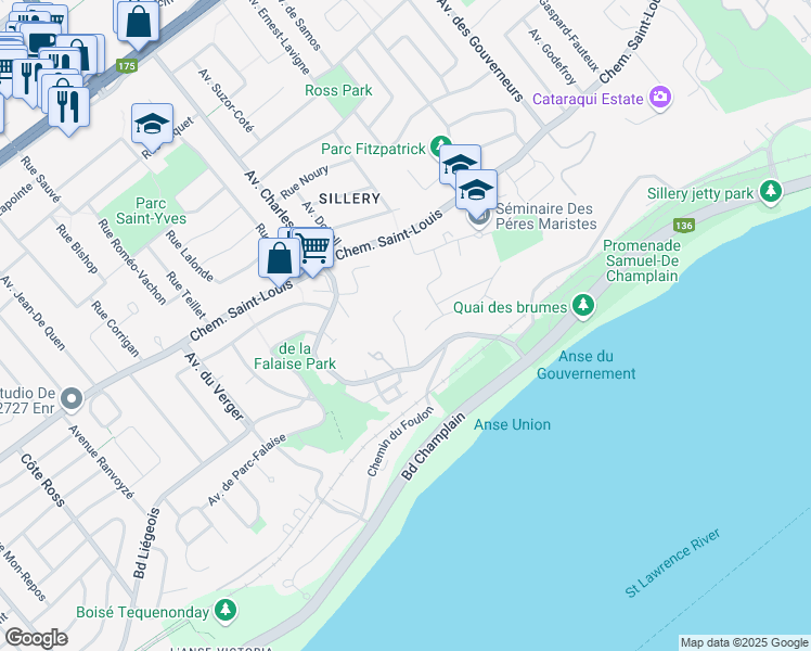 map of restaurants, bars, coffee shops, grocery stores, and more near 1793 Avenue de Kilmarnock in Québec