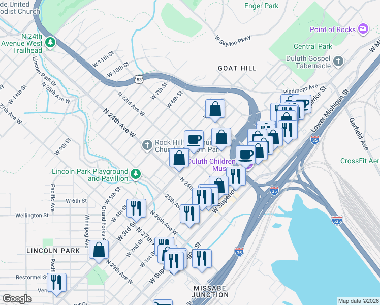 map of restaurants, bars, coffee shops, grocery stores, and more near 2231 West 3rd Street in Duluth