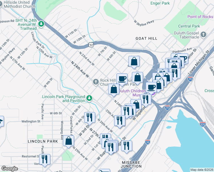 map of restaurants, bars, coffee shops, grocery stores, and more near 2318 West 4th Street in Duluth